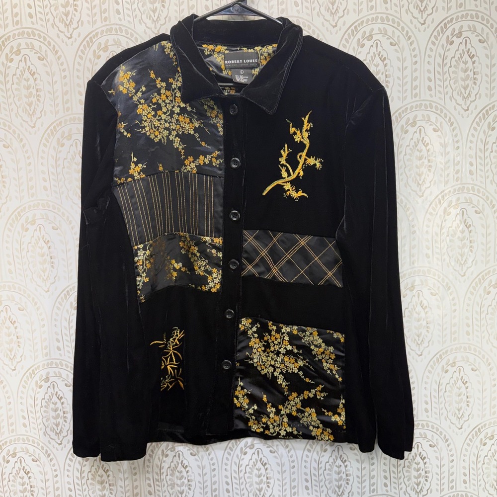 Robert Louis Patchwork Jacket Womens Large Black Silk Velvet Floral Embroidered